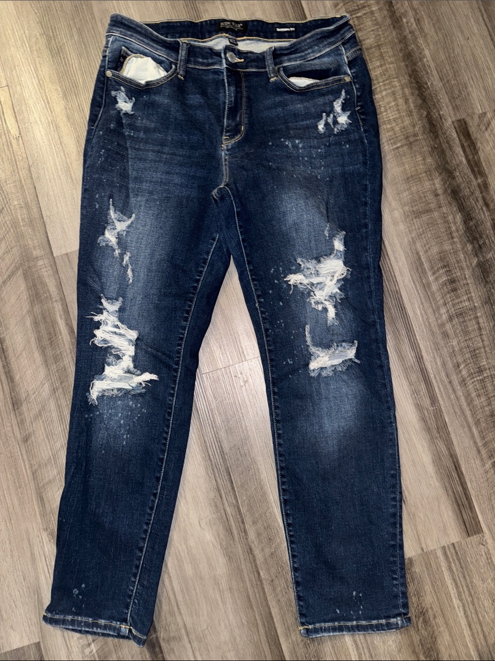 Judy Blue High Waisted Destroyed Boyfriend Jeans 15 32 dark wash stretch denim